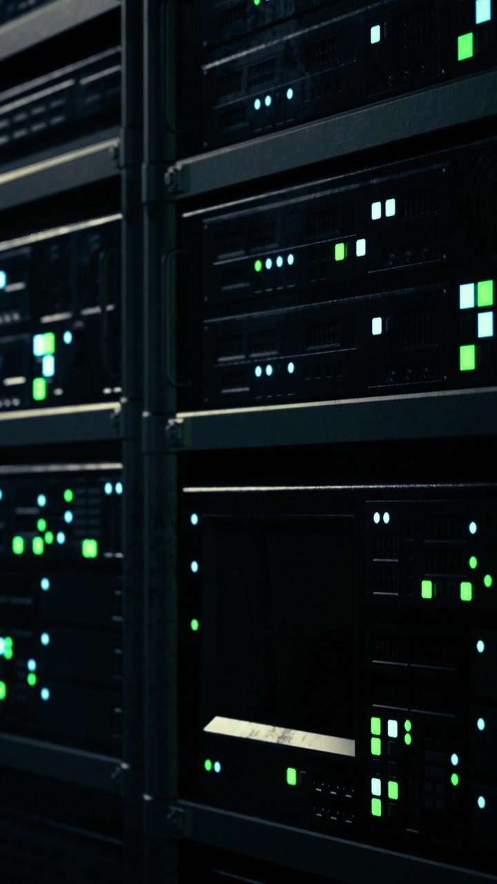 Rack di server illuminati da luci verdi e blu in un data center buio.