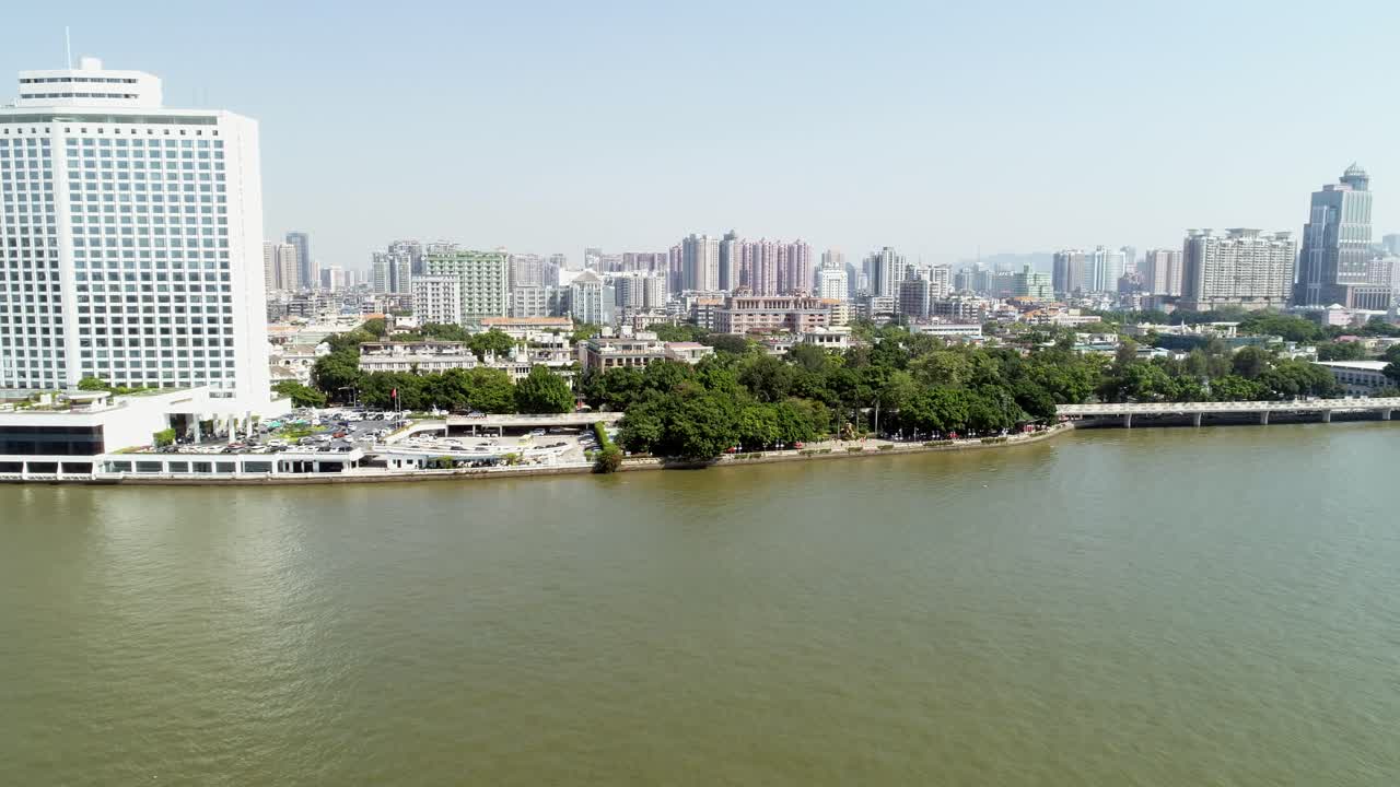 colonial buildings from europe on shamian island, guangzhou, historic buildings and tree-lined avenues b-roll, aerial, tourist hotspot travel destination, 4k, d-log,