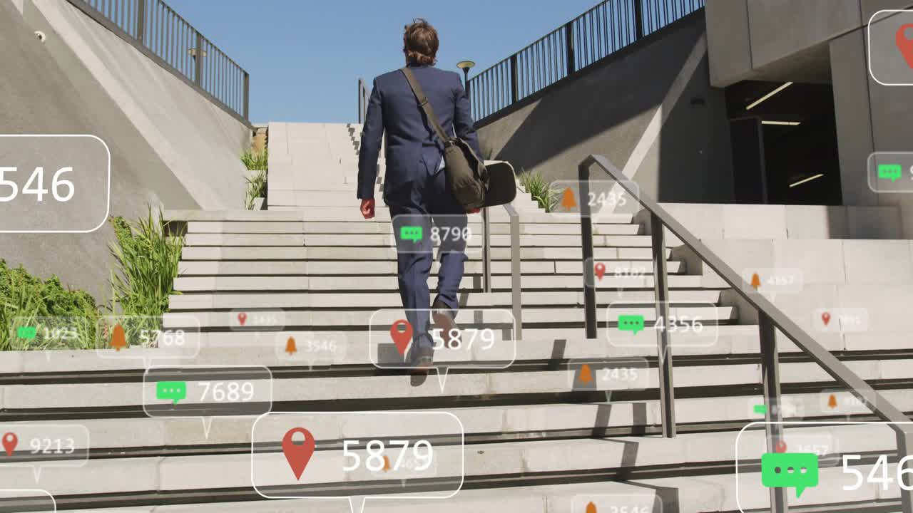 Man stepping onto staircase bottom initiating pin icons and chat bubbles tracking marketing metrics