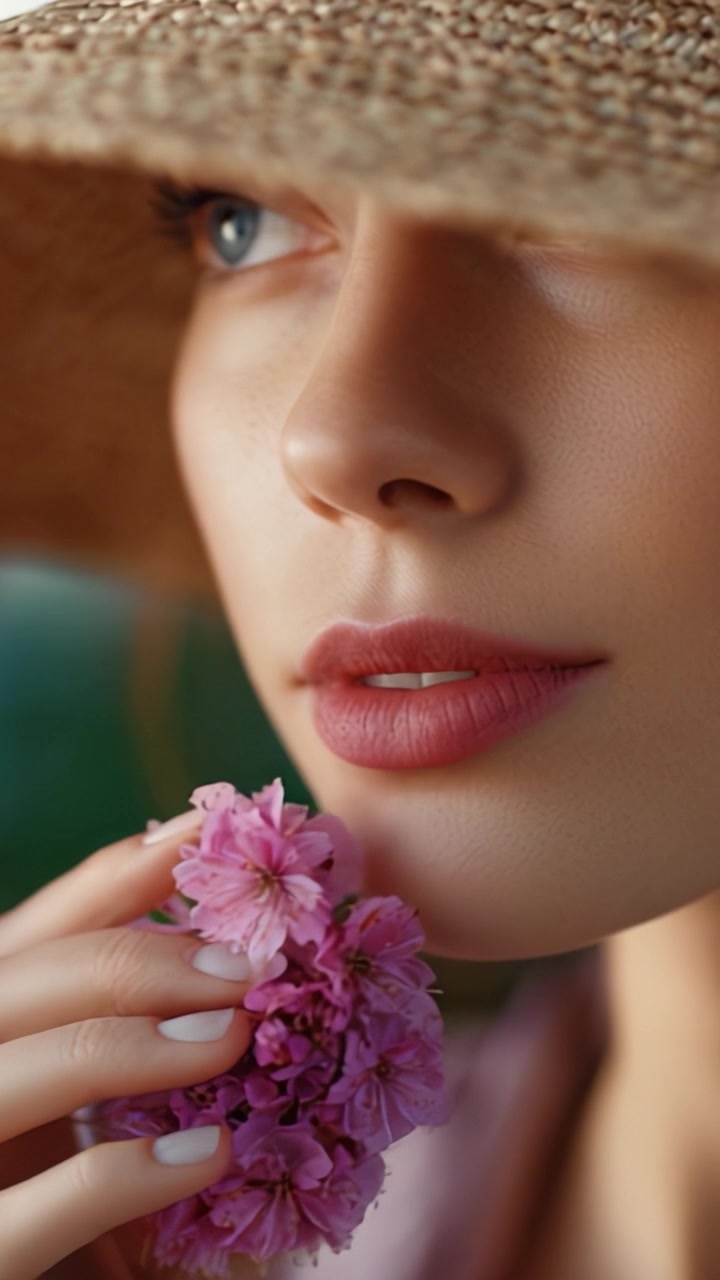Ritratto ravvicinato di una donna che tiene fiori rosa, mettendo in risalto la bellezza naturale e l'eleganza in luce soffusa con un cappello di paglia su uno sfondo sereno.
