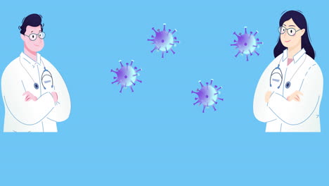 animation of covid 19 virus cells and doctor icons over blue background