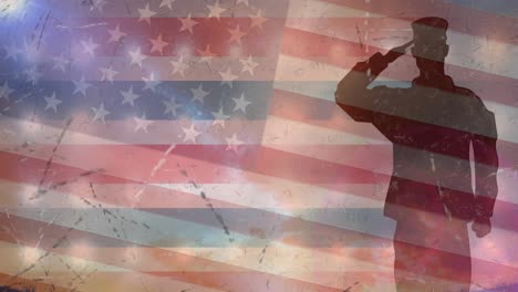 Animation-of-male-soldiers-saluting-over-american-flag