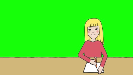 Animación-De-La-Ilustración-De-Una-Colegiala-Sentada-En-El-Escritorio-Y-Escribiendo-Sobre-Fondo-De-Pantalla-Verde