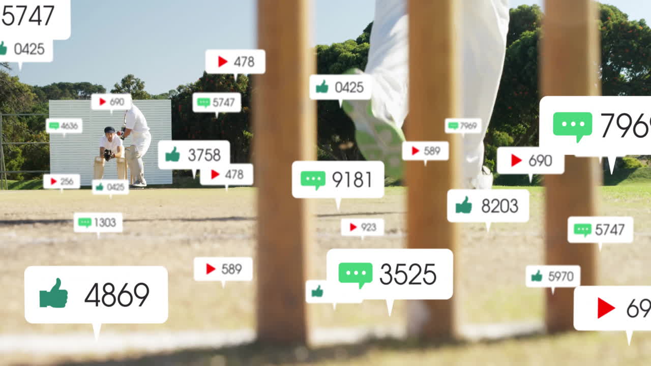 In animation, cricket players on field receiving social media notifications overlays