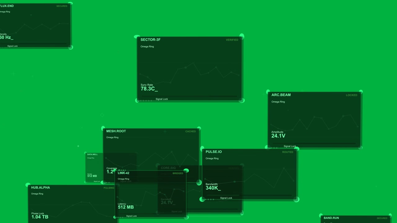 Marcatori scintillanti, pannelli verde neon che si alzano, mostrando dati di sistema su nero trasparente, che si disperdono