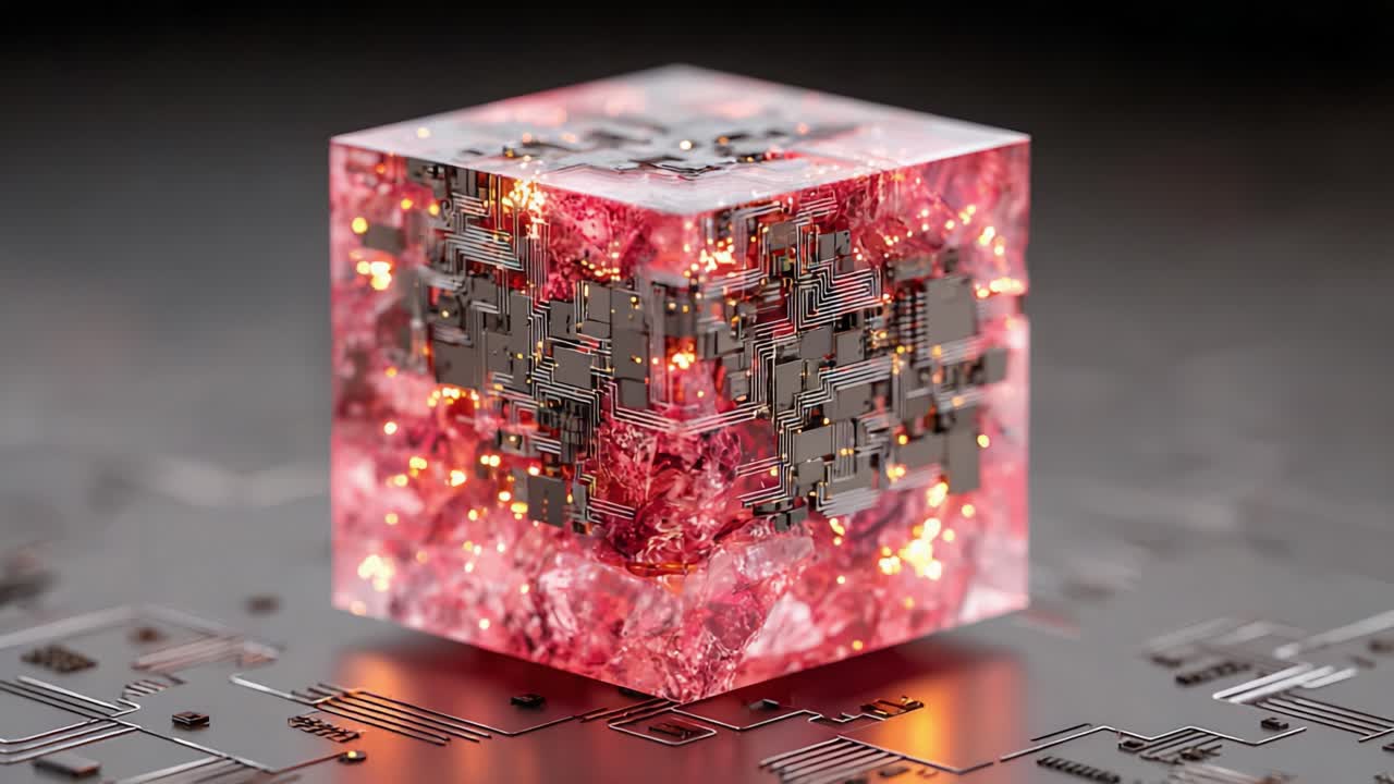 Futuristic Digital Cube Constructed from Illuminating Circuits and Vibrant Textures, Merging Electronics with Modern Aesthetics in a Stunning Display of Technology