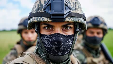 a woman wearing a face mask in a military uniform