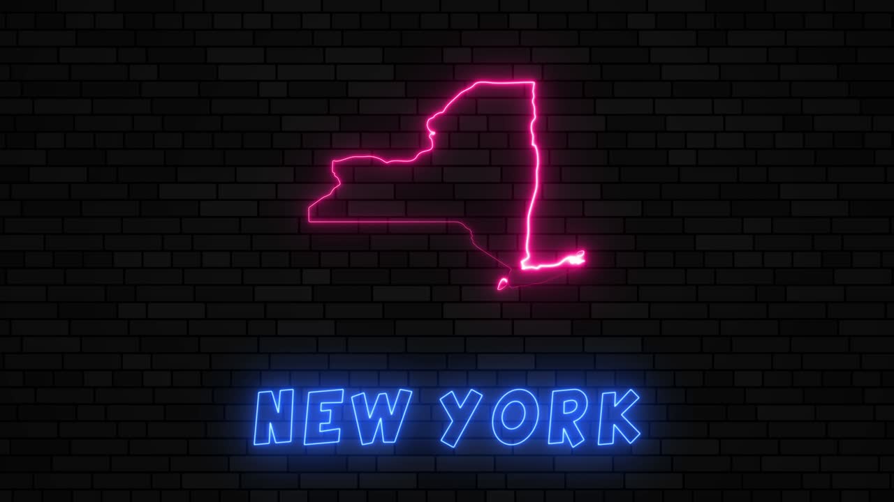State of New York map silhouette with neon line on a dark brick wall background