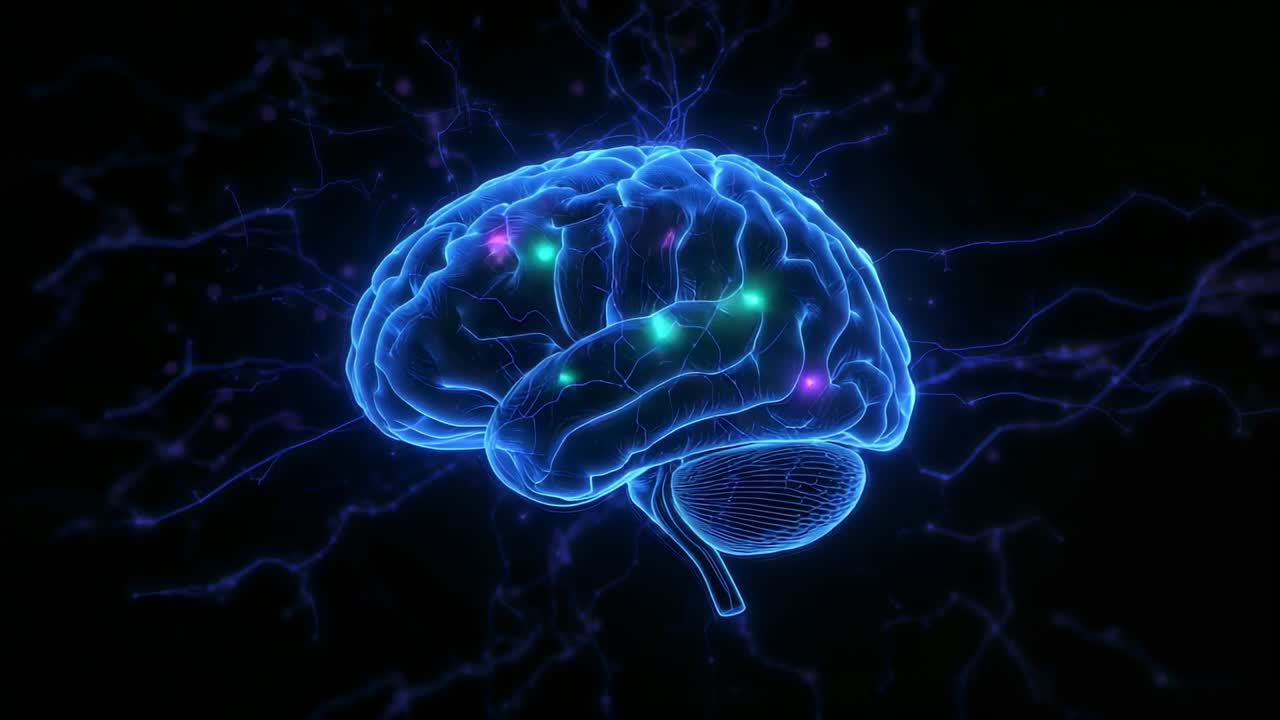 Fading in 3D blue brain model rotating in network space, showing pulsing green pink nodes