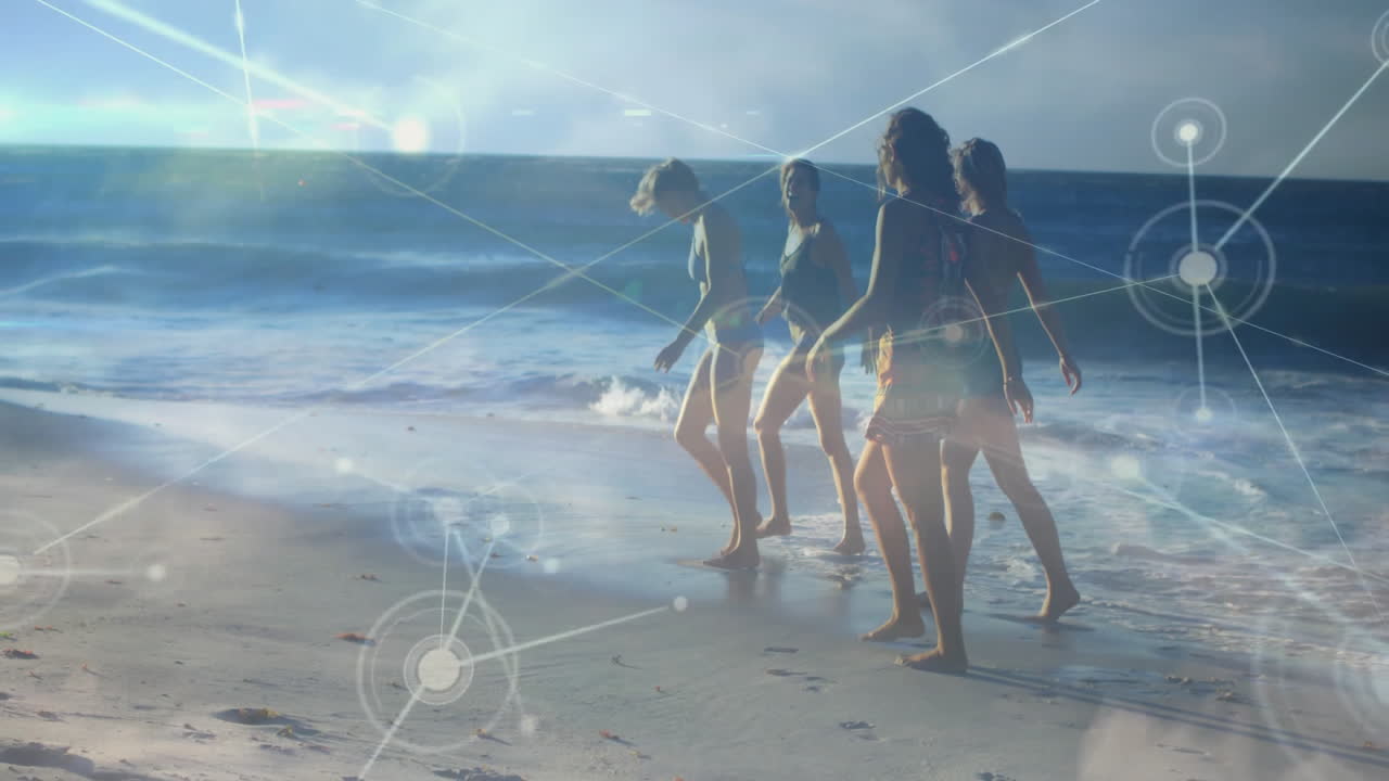 People walking on beach with network connections and data processing animation
