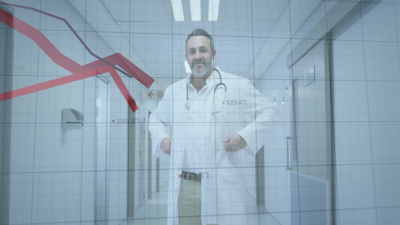 Walking in hospital corridor, doctor with financial graph animation overlay