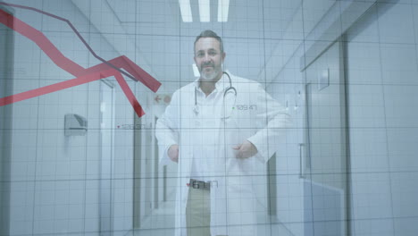 walking in hospital corridor, doctor with financial graph animation overlay