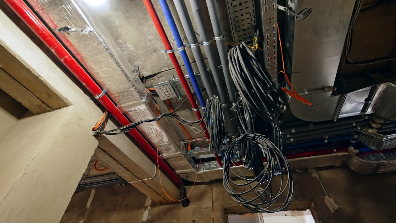 Folded bunches of black wires hanging from the ceiling of the room. Low angle view at the illumination equipment of the building.