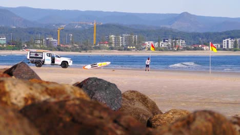 hombre poniendo un socorrista en servicio banderas en la playa de arena - vehículo salvavidas estacionado en snapper rocks - gold coast, queensland, australia