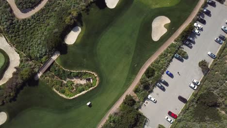 Birds-Eye-Aerial-View-of-Oceanfront-Golf-Course-in-Los-Angeles,-California-with-Perfect-Fairways-on-a-Warm,-Sunny-Day