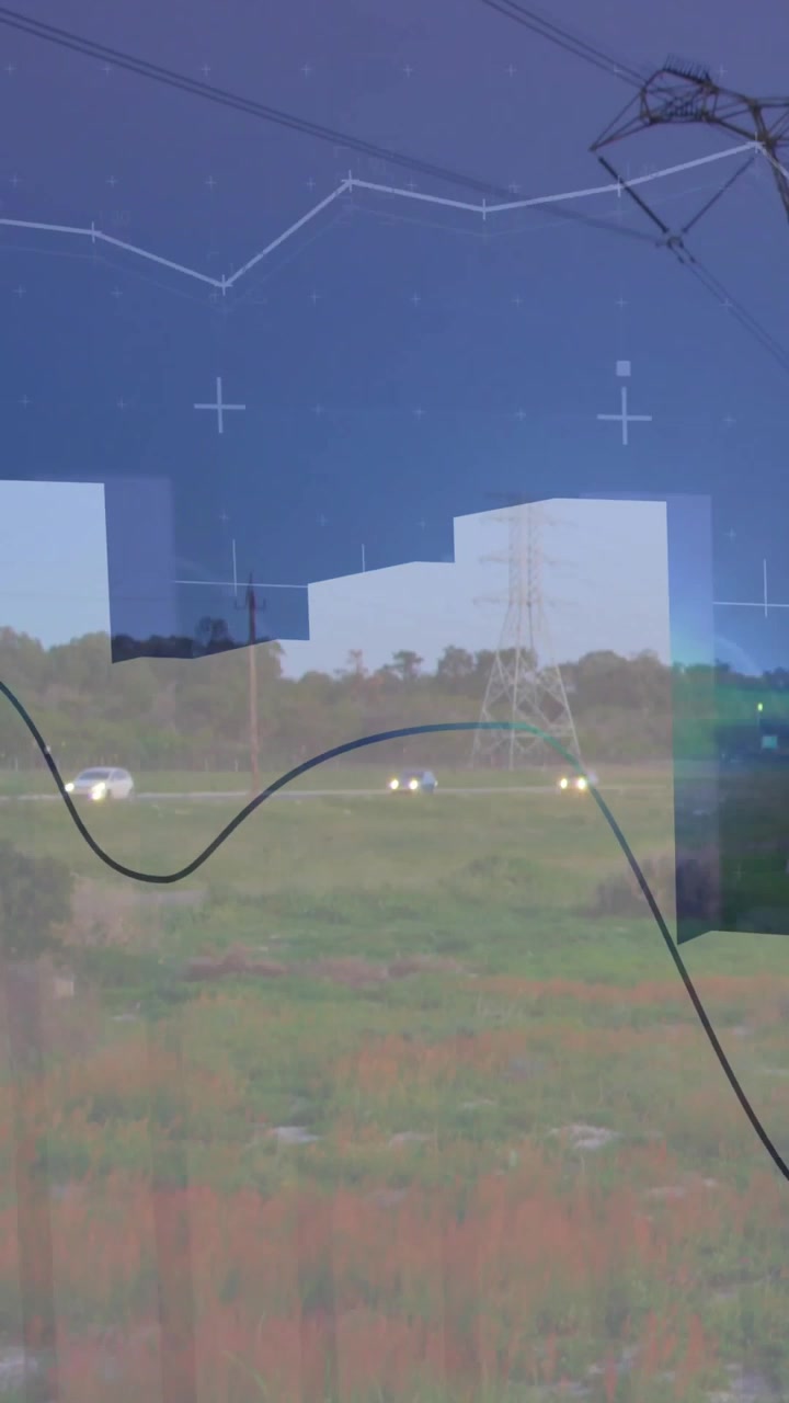 Vertical video: Dusk field, power tower and road, overlay rising, panels growing, chart tracing HUD