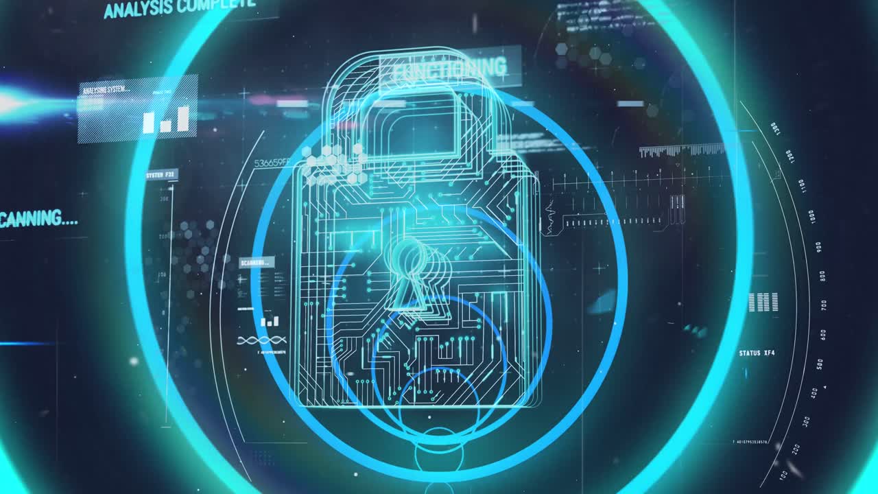 animación del bloqueo de la almohadilla de seguridad sobre el procesamiento de datos sobre un fondo oscuro