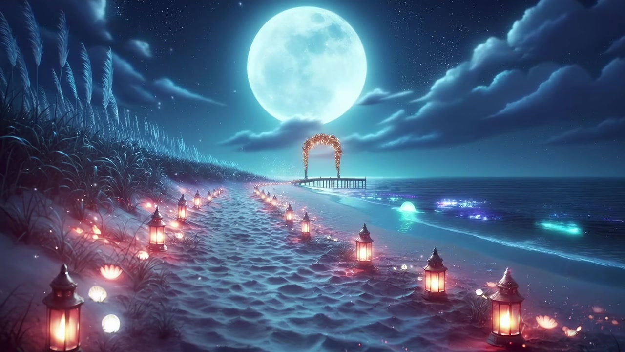 Caminho Mágico na Praia Noturna Com Lanternas Levando a um Cais Sob uma Lua Cheia