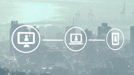 animation of network of connections and digital icons against aerial view of cityscape