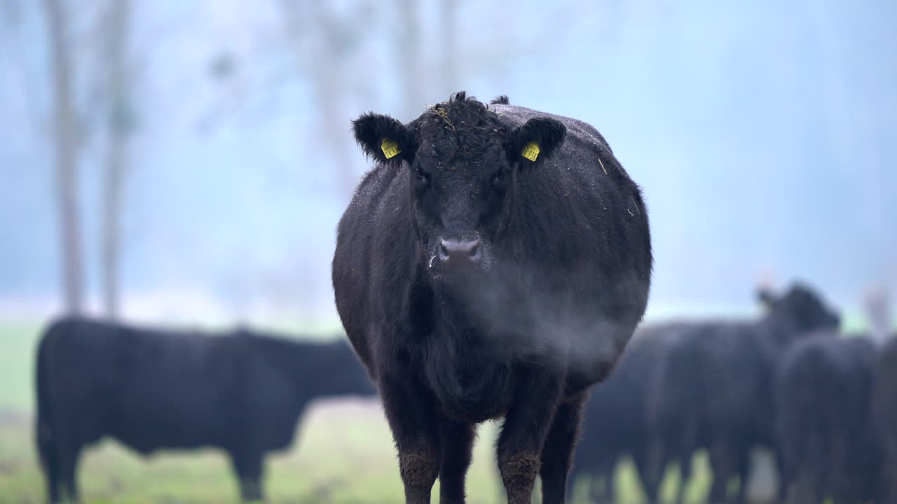rebaño de vacas angus alemanas negras pastando en pastizales en invierno frío