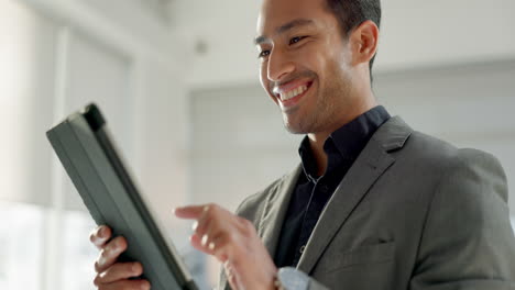 business man, tablet and happy for stock market