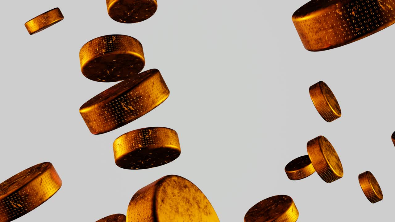 muchos discos de hockey dorados volando hacia la cámara sobre un fondo blanco.