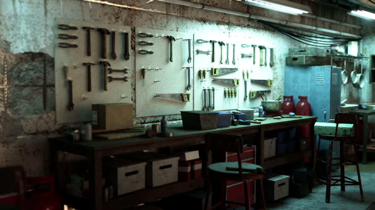 Workshop with tools on a tool rack