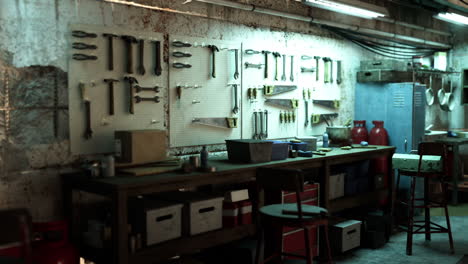 workshop with tools on a tool rack