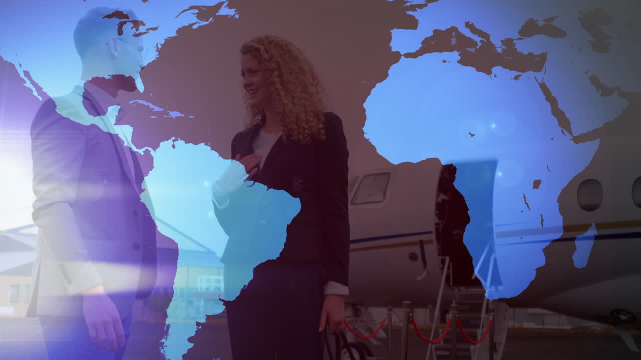 animación de la red de conexiones sobre el mapa del mundo, el avión y la gente de negocios