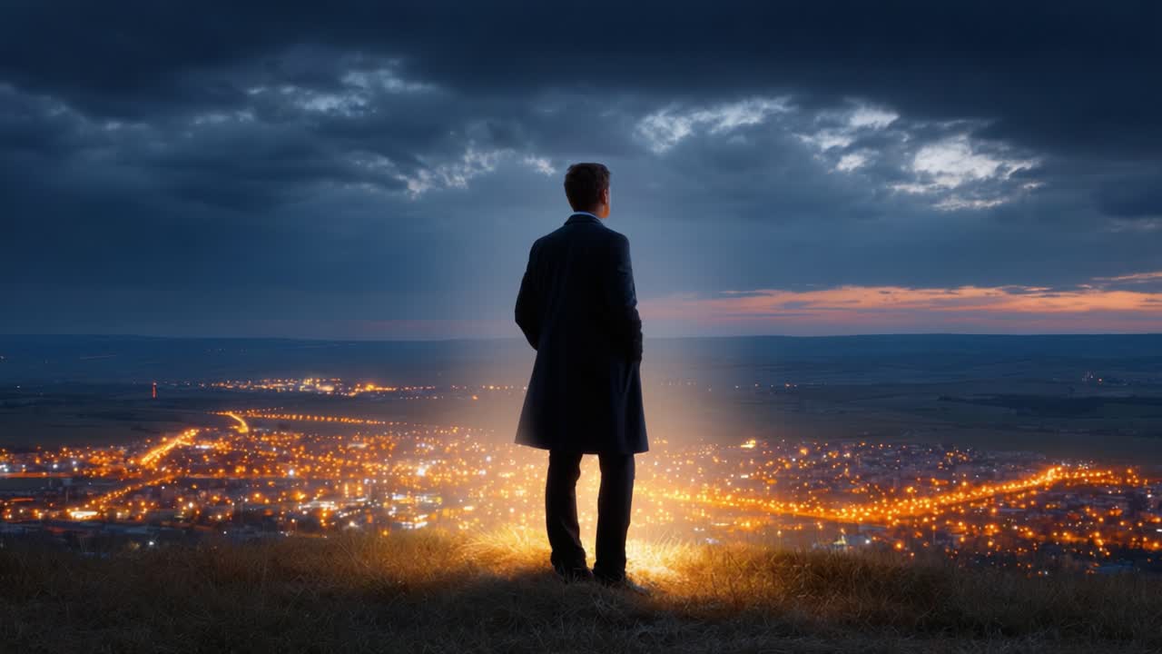 A Solitary Figure Gazes Over a Vast Cityscape Illuminated by Twinkling Lights as the Sun Sets Behind Darkening Clouds on the Horizon