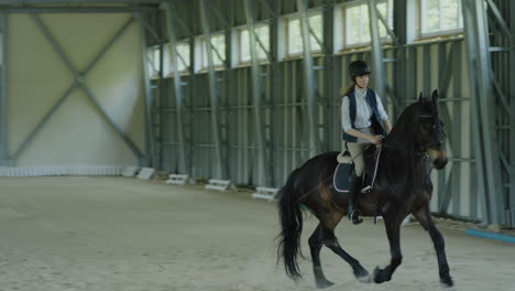 equestrian training session with a rider and horse in an indoor arena