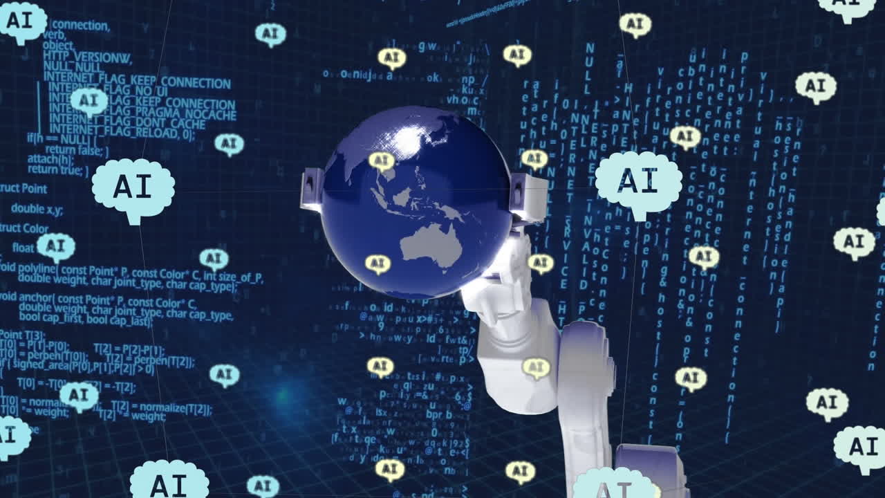 animación del procesamiento de datos sobre el brazo del robot y el fondo oscuro