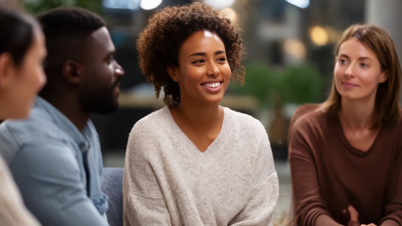 A Warm and Engaging Group Conversation with Diverse Individuals Sharing Smiles and Thoughts in a Modern, Comfortable Setting for Personal Growth and Connection