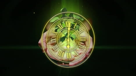 holding clock with roman numerals, hands over green leaves and glowing light