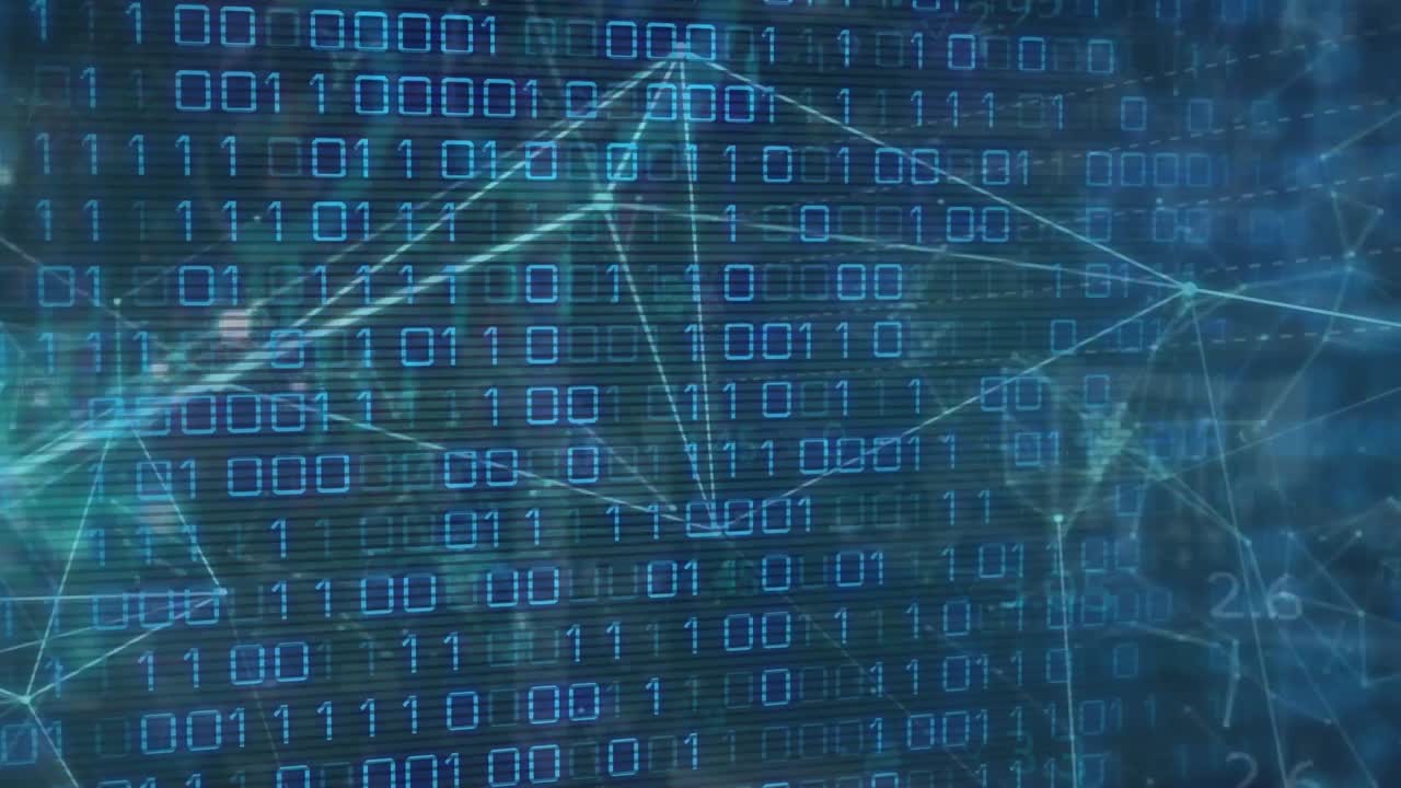Animation of connected dots over looping binary codes against abstract background