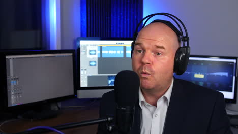 a podcast radio presenter in a recording studio speaking into a microphone on air broadcasting