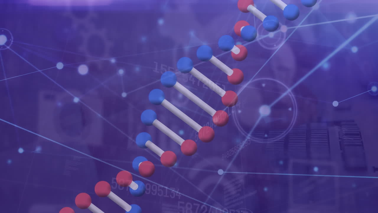 Animation af roterende DNA-streng og databehandling på lilla baggrund