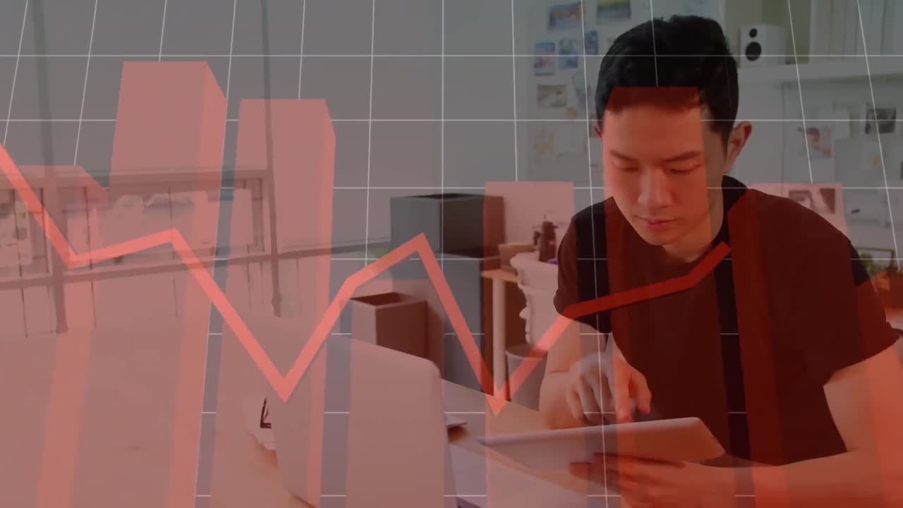 이 그래픽은 사무실에서 노트북과 디지털 태블릿을 사용하는 비즈니스 임원을 보여줍니다.