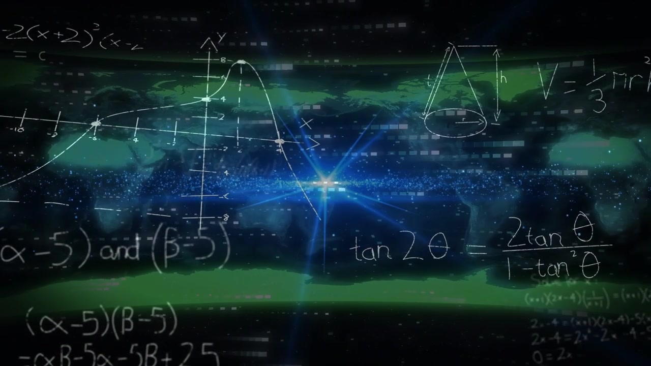 Blue flare pulsing causing math drawing sine plot forming cone rising showing math over green bands