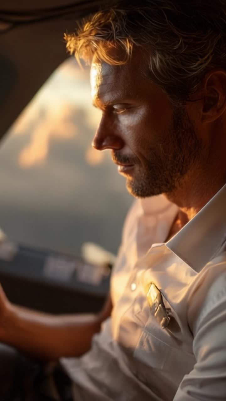 Momento accattivante di un pilota nella cabina di pilotaggio al crepuscolo, che dimostra concentrazione e fiducia tra il caldo bagliore della luce del tramonto durante un'imminente partenza del volo.