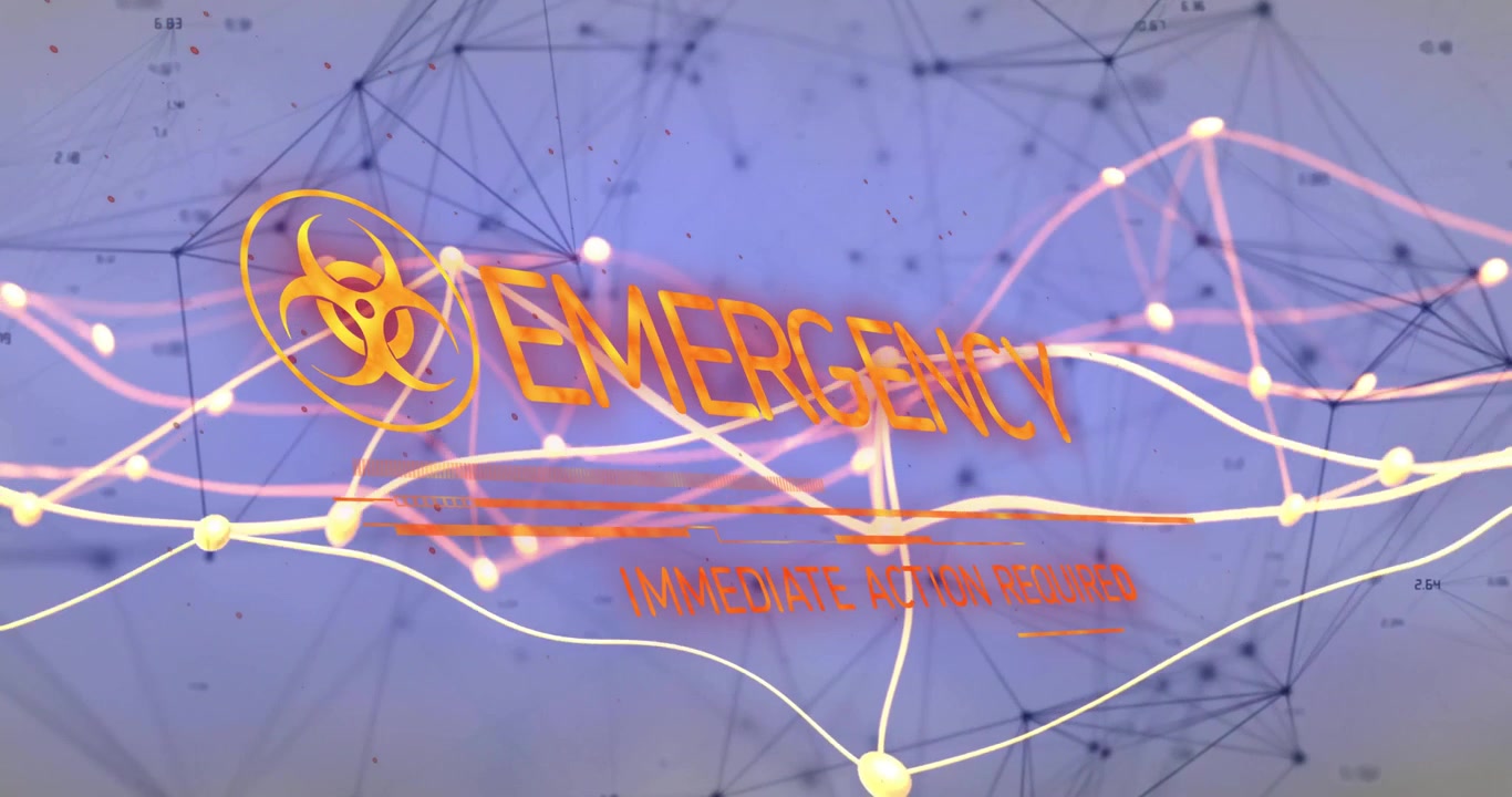 Purple grid receding, pulsing, biohazard icon fading and EMERGENCY text morphing for urgent alert