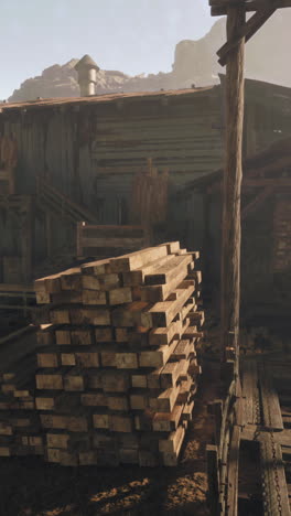 a pile of wooden planks in an abandoned lumberyard