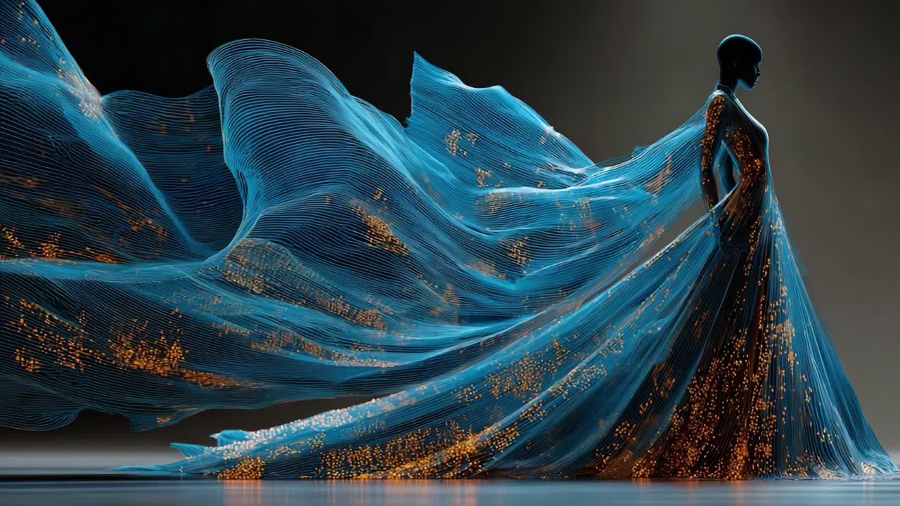 A stunning visual of a graceful model adorned in an ethereal flowing gown that shimmers with vibrant hues, showcasing bold artistry through the intricate movements of the fabric and captivating lighting effects