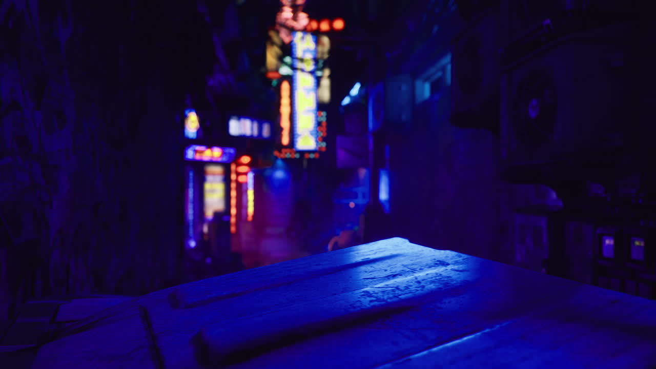Vibrant neon lights illuminate narrow alleyway at night in urban setting