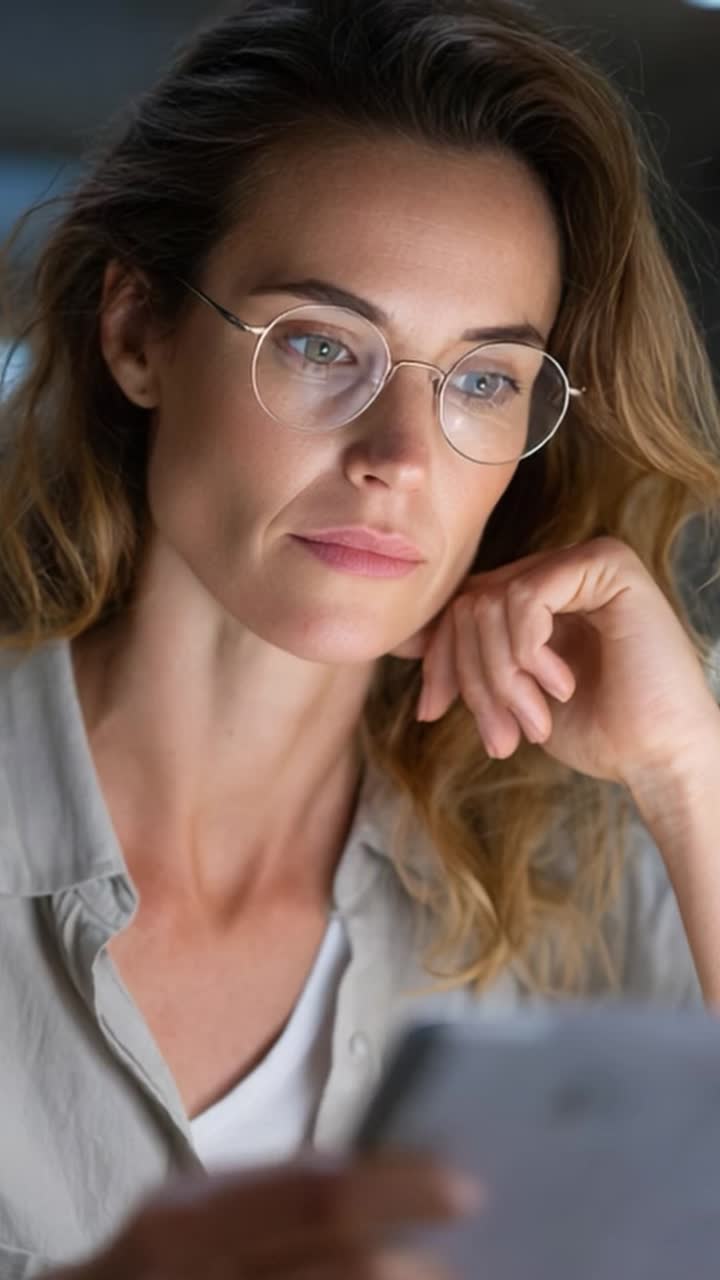 A Thoughtful Woman Engaged in Contemplation, Focusing on a Tablet with an Intense Expression, Capturing the Essence of Deep Thought and Reflection