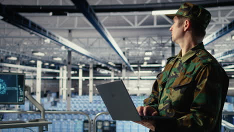 army software developer in server hub uses artificial intelligence app on laptop