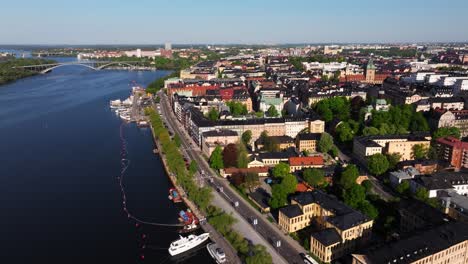 Aerial-Drone-Shot-Above-Kungsholmen-Island-in-Stockholm,-Sweden