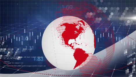 Red-and-white-globe-animation-over-financial-data-and-stock-market-charts