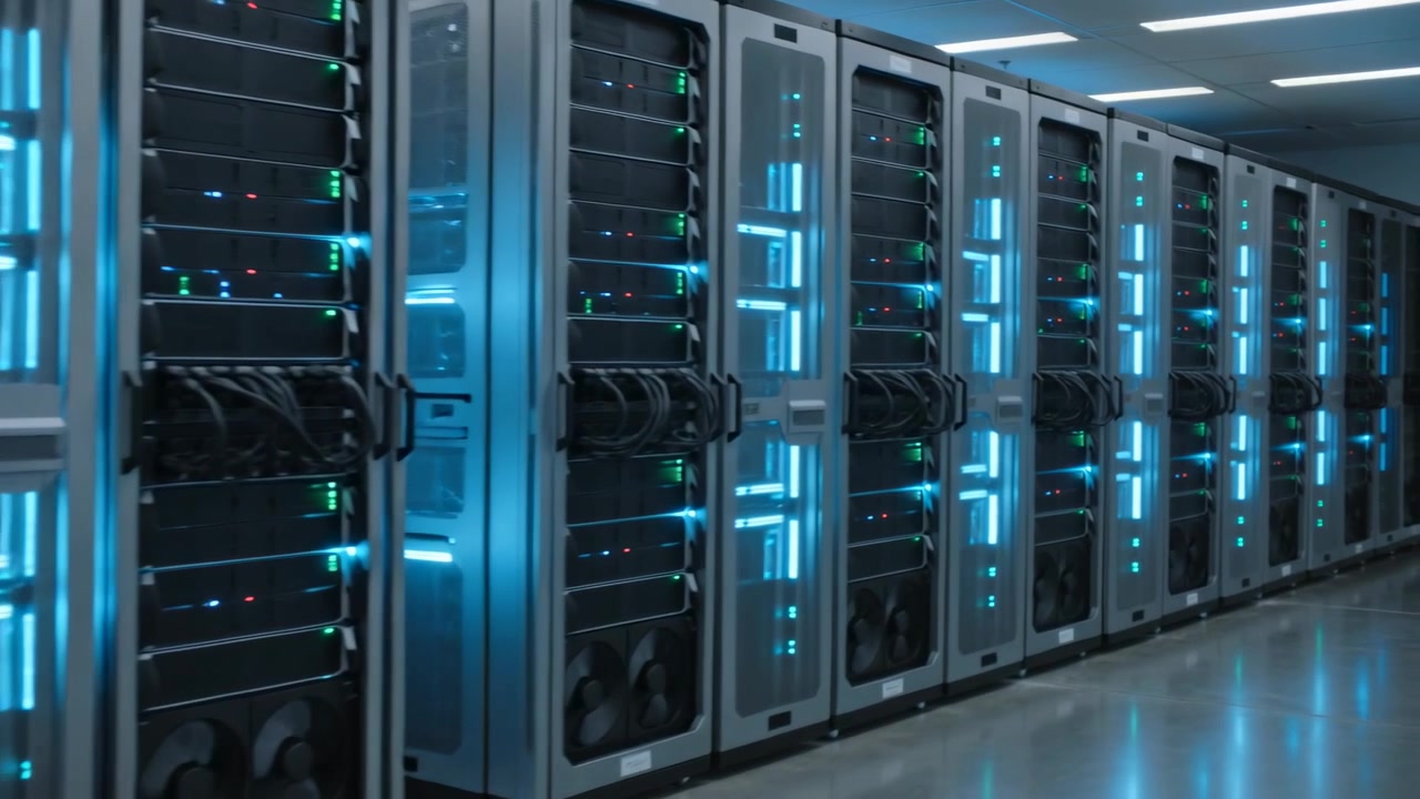 Tracking camera starting along glass server racks in datacenter, showing scale with blue LEDs