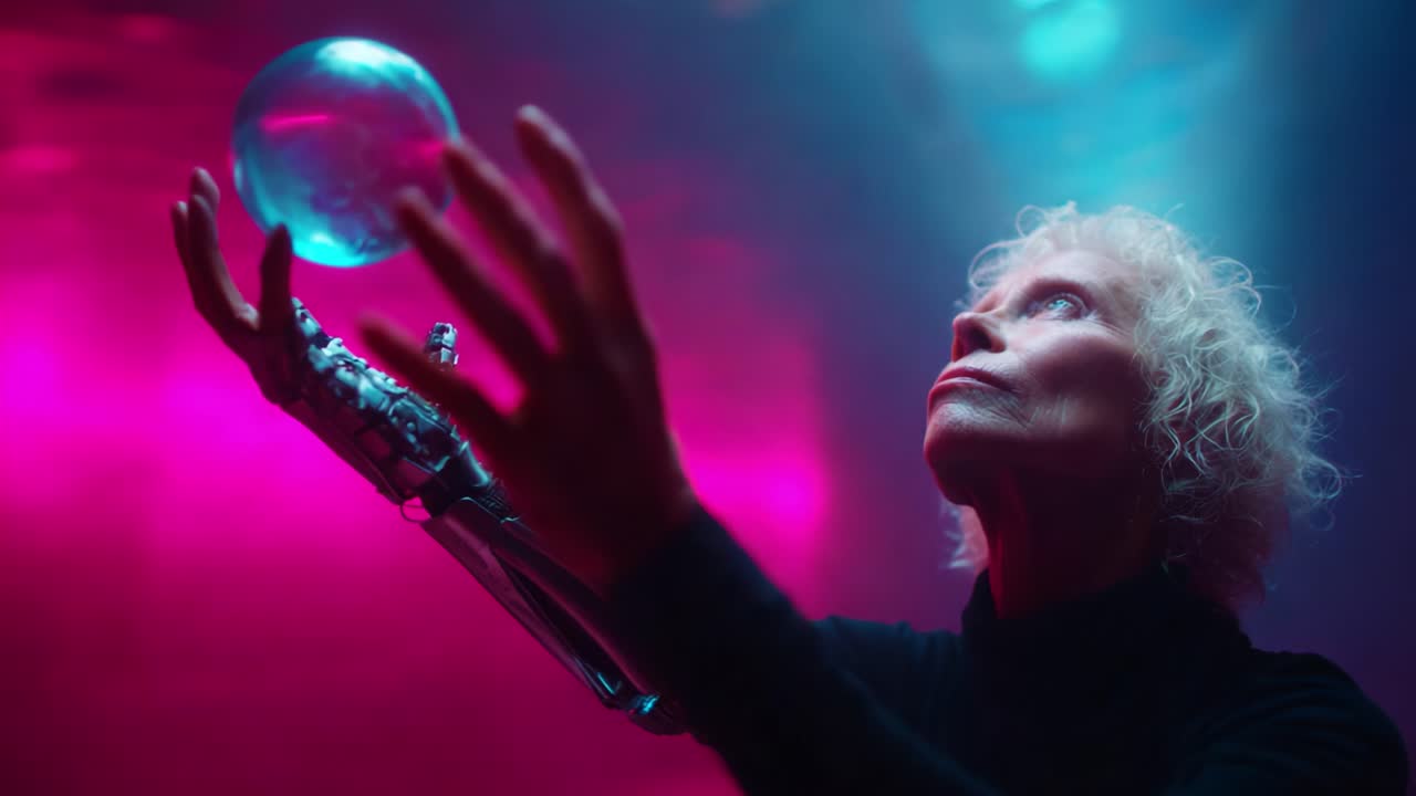 A Futuristic Vision: An Individual with a Mechanical Arm Gazes Passionately at a Floating Sphere Illuminated by Vibrant Neon Lights, Depicting the Intersection of Technology and Humanity